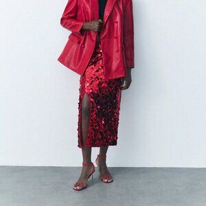 Red Party Women's Sequin Fitted Split Design Skirt